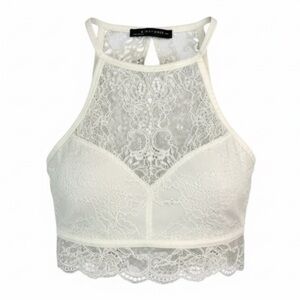 SIGNATURE8 Lace Bralette Crop Top Ivory Keyhole Open Back Stretch Lined Size  L
